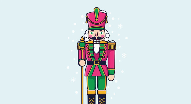 Festive nutcracker soldier with uniform, holding staff, amidst falling snowflakes