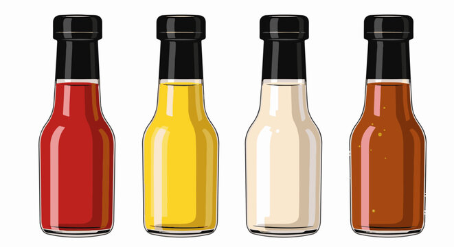 Four bottles of sauces, red, yellow, white, and brown, with black caps