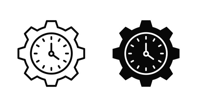 Set of minimalist time management and productivity icons featuring a clock inside a gear wheel in outline and solid styles for business workflow optimization and process automation.