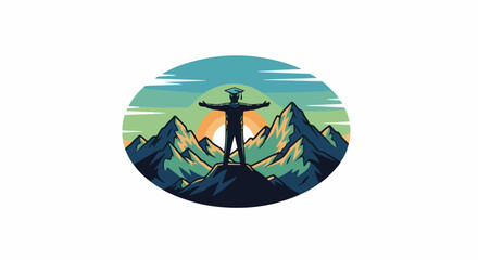 Graduate stands with arms outstretched on a mountain peak at sunrise © besace