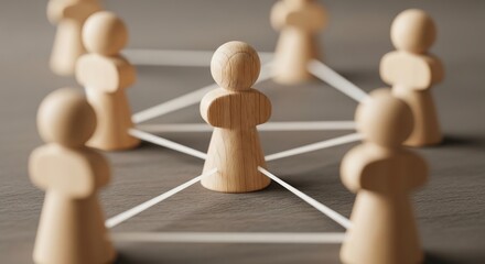 Obraz premium Wooden figures connected by lines, symbolizing networking and community building