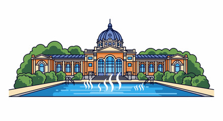 Grand classical building with dome overlooks a steaming outdoor pool © besace