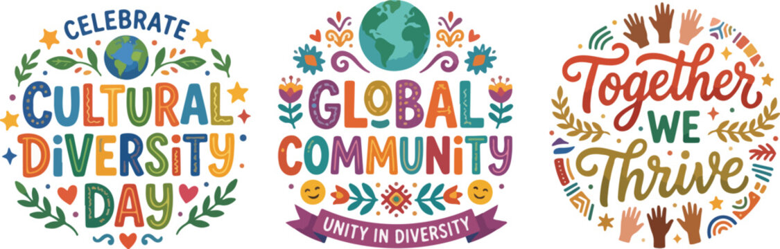 Set of Cultural Diversity Day and Global Community Circular Vector Logos with Unity in Diversity Lettering and Decorative Floral Elements