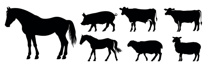 Fototapeta premium Silhouettes of various farm animals vector set