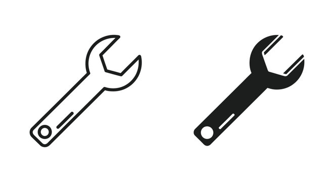 Minimalist wrench and spanner icons in outline and solid black styles for repair, maintenance, and mechanical service design