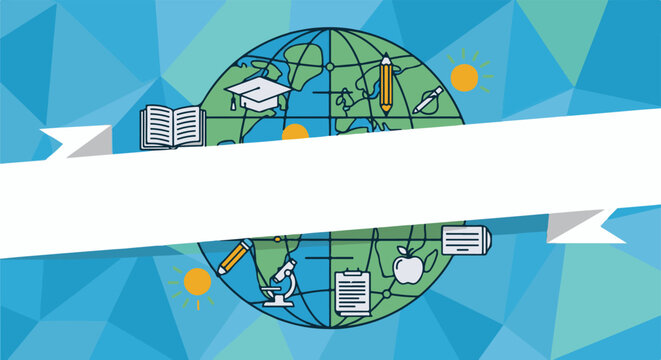 Global learning icons, book, cap, pencil, sun, apple, microscope, paper, bulb on abstract blue background