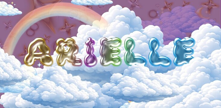 Arielle name. Colorful 3D Cloud Fantasy Background with Glossy Balloon Letters. Dreamy Sky, Stars and Soft Clouds Illustration.