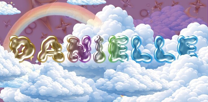 Danielle name. Colorful 3D Cloud Fantasy Background with Glossy Balloon Letters. Dreamy Sky, Stars and Soft Clouds Illustration.