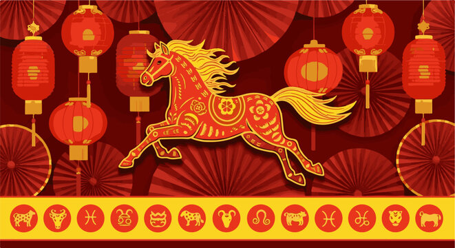 Festive red and gold horse leaps amidst traditional Chinese lanterns and zodiac symbols