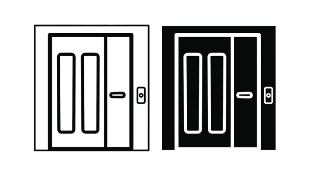 A pair of simple black and white line art icons depicting modern double doors with handles