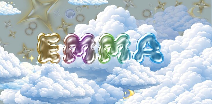 Emma name. Colorful 3D Cloud Fantasy Background with Glossy Balloon Letters. Dreamy Sky, Stars and Soft Clouds Illustration.