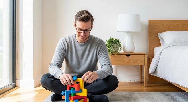 Man in glasses sitting on the floor of a modern bedroom, playing with colorful wooden building blocks and focusing on a puzzle game.