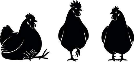 Silhouette Illustration of Three Chickens, Farm Animal Design for Agriculture, Rural, and Poultry Industry Concepts © Afroja