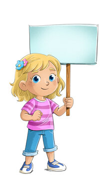 Little blonde girl with a banner in her hand