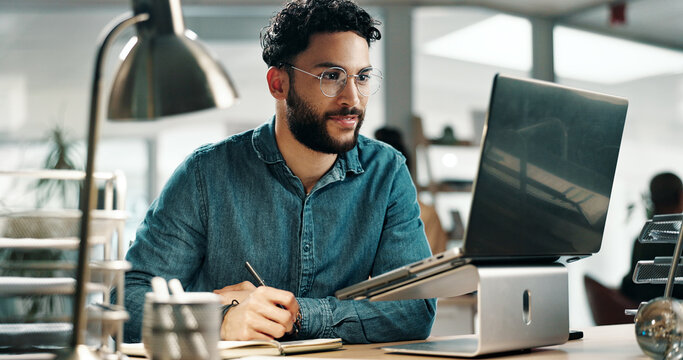 Reading, planning or man with laptop in office, feedback notes or app development guidelines for program. Review, pc or developer with idea for ai system integration, feature request email or update