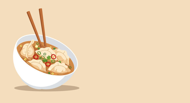 Flat Illustration of Chinese Dumpling Soup in Bowl with Chopsticks