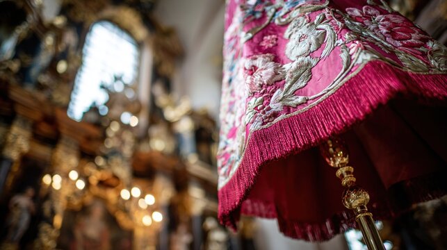 tassels. Ornate Baroque silk canopy with rich embroidery and tassels above an altar. event programs, museum guides, designed for cultural heritage projects and event programs, preserves heritage.