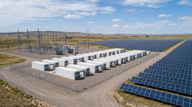 BESS Battery Energy Storage Facility with Substation on Natural Landscape with Solar Panels.