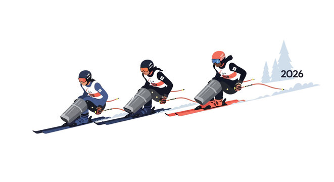 Three athletes racing on monoskis during a winter sports competition in 2026. EPS Editable. Vector Illustrations.