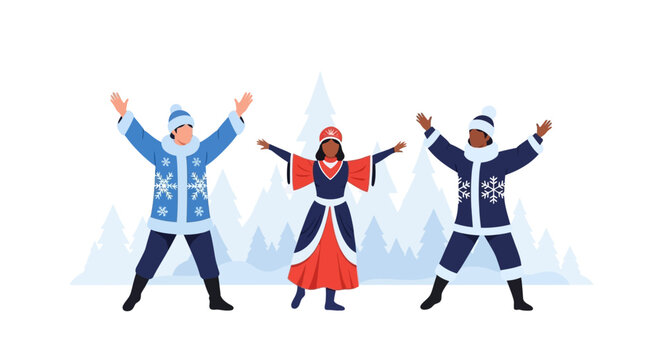 Three cheerful characters in traditional winter holiday costumes celebrating with open arms. EPS Editable. Vector Illustrations.