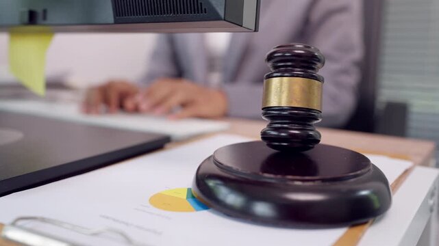 Close-up of judge gavel on office desk with lawyer working on computer in background. Concept of legal technology, law office workflow, corporate law, justice system, and professional legal services.