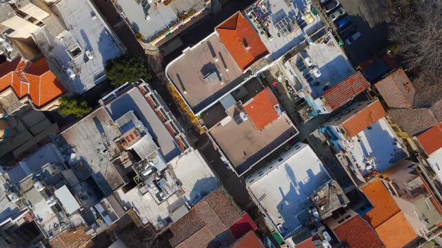 Aerial Top Down View of Nicosia Old Town Walled City Rooftops and Streets