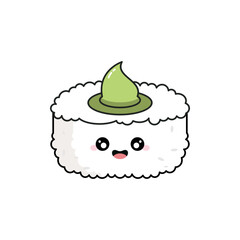 Cute Kawaii Wasabi Maki Sushi Character with Happy Laughing Face Expression Isolated on White Background © Tweenytree23