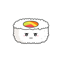 Cute Kawaii Egg Maki Sushi Character with Bored Flat Face Expression Isolated on White Background © Tweenytree23