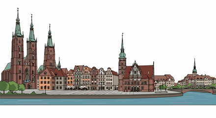 Fototapeta premium Historic riverside cityscape with grand churches and charming architecture