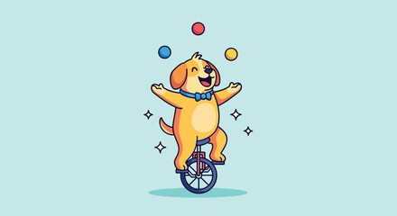 Cute cartoon dog juggling balls while riding a unicycle Vector Illustration. © NFS Studio