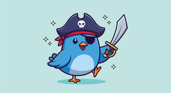 Cute Cartoon Blue Bird Pirate Wearing a Bicorne Hat and Holding a Cutlass Sword Vector Illustration.