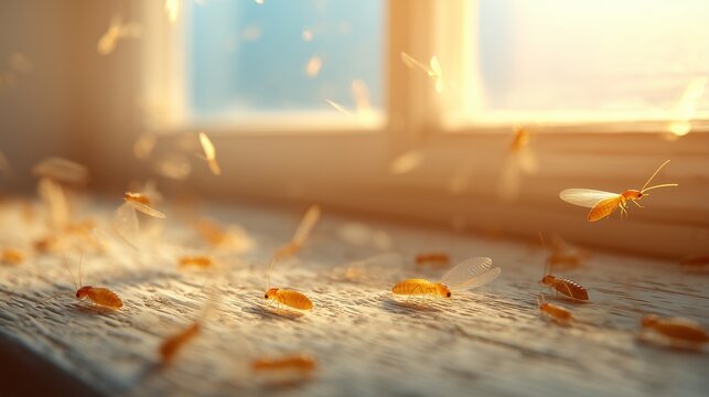 Close-up of termite on windowsill during termite control pest control inspection, showing insect, wood damage and sunlight - inspection scene and infestation risk.