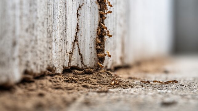 Termite control structural damage showing mud tube and wood deterioration at foundation joint, indicating active infestation and compromised structural integrity.