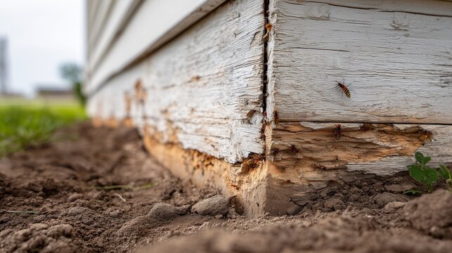 Exterior wood foundation corner with visible termite damage and soil contact indicating termite control pest management repair need.