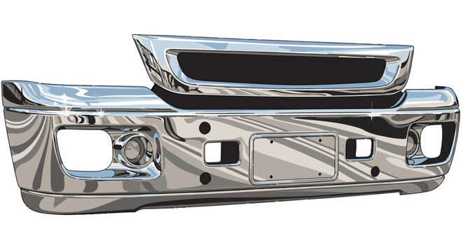 Gleaming chrome truck bumper and grille assembly, reflecting light and detail