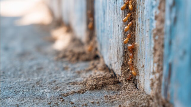 Close view of wood damage and mud tube at base of exterior wall indicating termite control structural damage risk.