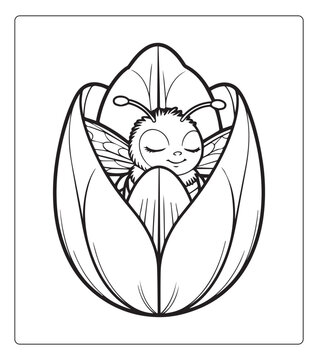 Cute cartoon bee black outline vector illustration coloring page for kids, adorable insects and bug educational preschool fun