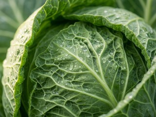 Obraz premium Close-up of fresh green cabbage with water droplets on textured leaves