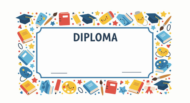 Festive diploma border with school supplies and smiling characters, celebrating achievement