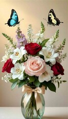 Obraz premium A lush floral arrangement overflowing from a clear glass vase, adorned with a soft peach satin ribbon tied in a bow. Photorealistic, macro photography, shallow depth of field