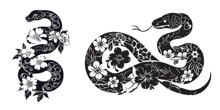 Floral snakes tattoo design vector set