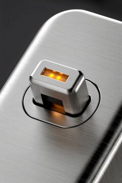 Macro silver micro-switch with amber LED &ndash; Ideal for electronics engineering and hardware precision.