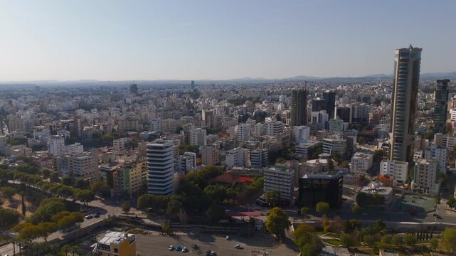 Aerial View of Nicosia Transitioning from Historic Walled City to Modern High-Rise Skyline