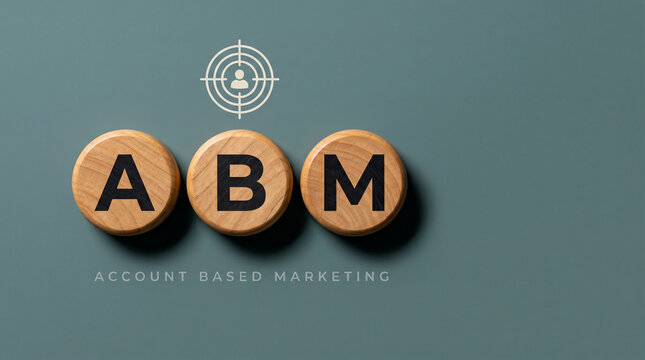 Three natural wood discs spelling ABM with a target-person icon above on a professional teal-grey background for account-based marketing.