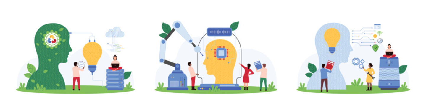 Creation and control of AI personal assistant set. Tiny people building chat bot with robot hands help, connect virtual assistants head with light bulb and recycle sign cartoon vector illustration