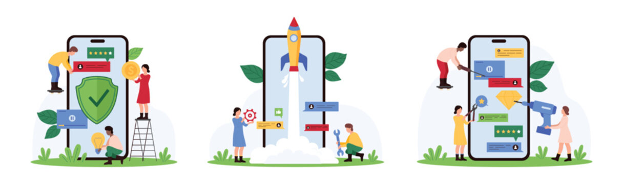 Software and mobile app development process set. Tiny people launch rocket on phone screen, developers holding digital tools to repair project, security shield for startup cartoon vector illustration