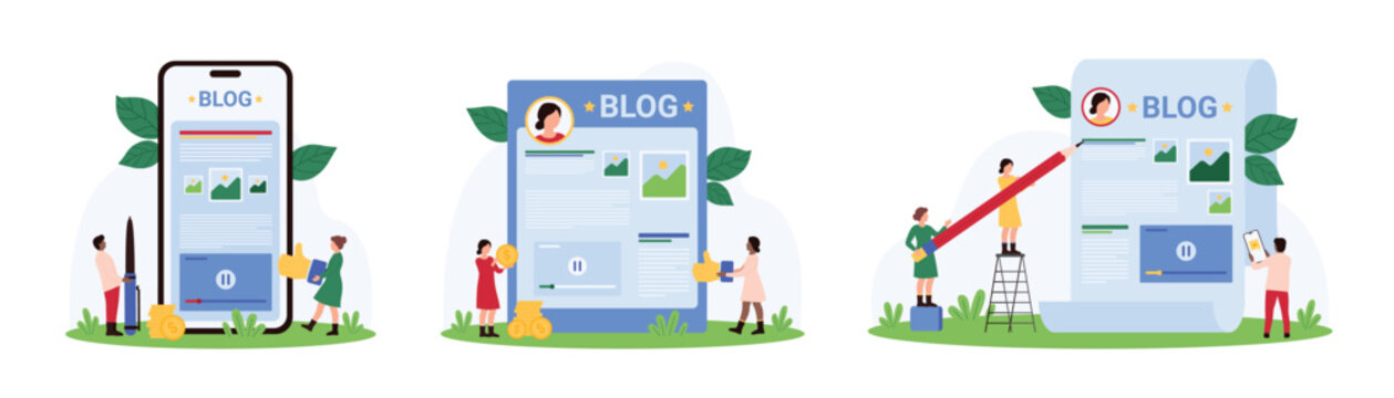 Author content creation, monetization of creative blog articles set. Tiny people make money on attracting audience, holding pencil and pen to create text, thumbs up cartoon vector illustration