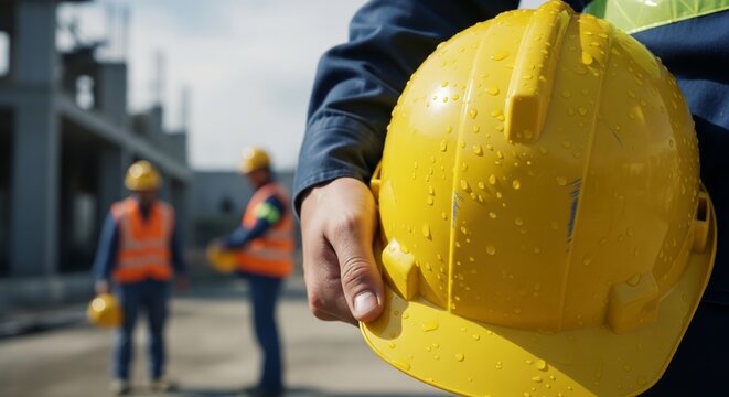 Construction worker holding a yellow hard hat with water droplets on a construction site, with colleagues in the background