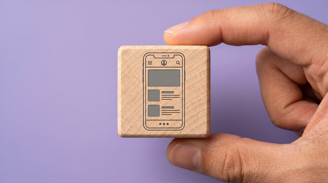 Wooden cube with a mobile wireframe screen icon held by hand on a soft purple-lavender background, symbolizing UX design and prototyping.