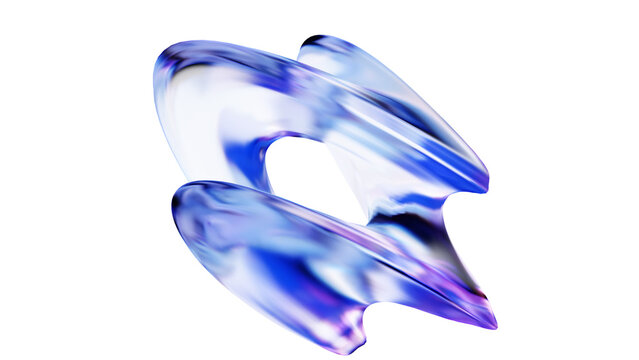 Transparent Iridescent Glass Abstract 3D Element, Twisted Glass, Blue-violet on Transparent Background. 3D Render. 